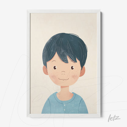 quadro com ilustração de menino sorridente, cabelo escuro e liso, moldura branca