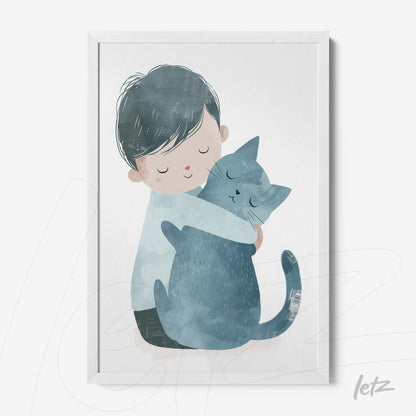 quadro com ilustração infantil de menino abraçando um gato azul, moldura branca