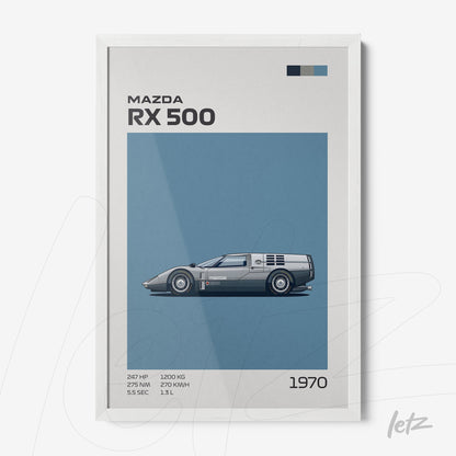quadro com arte digital do carro Mazda RX 500 em moldura branca, com fundo azul e detalhes técnicos visíveis