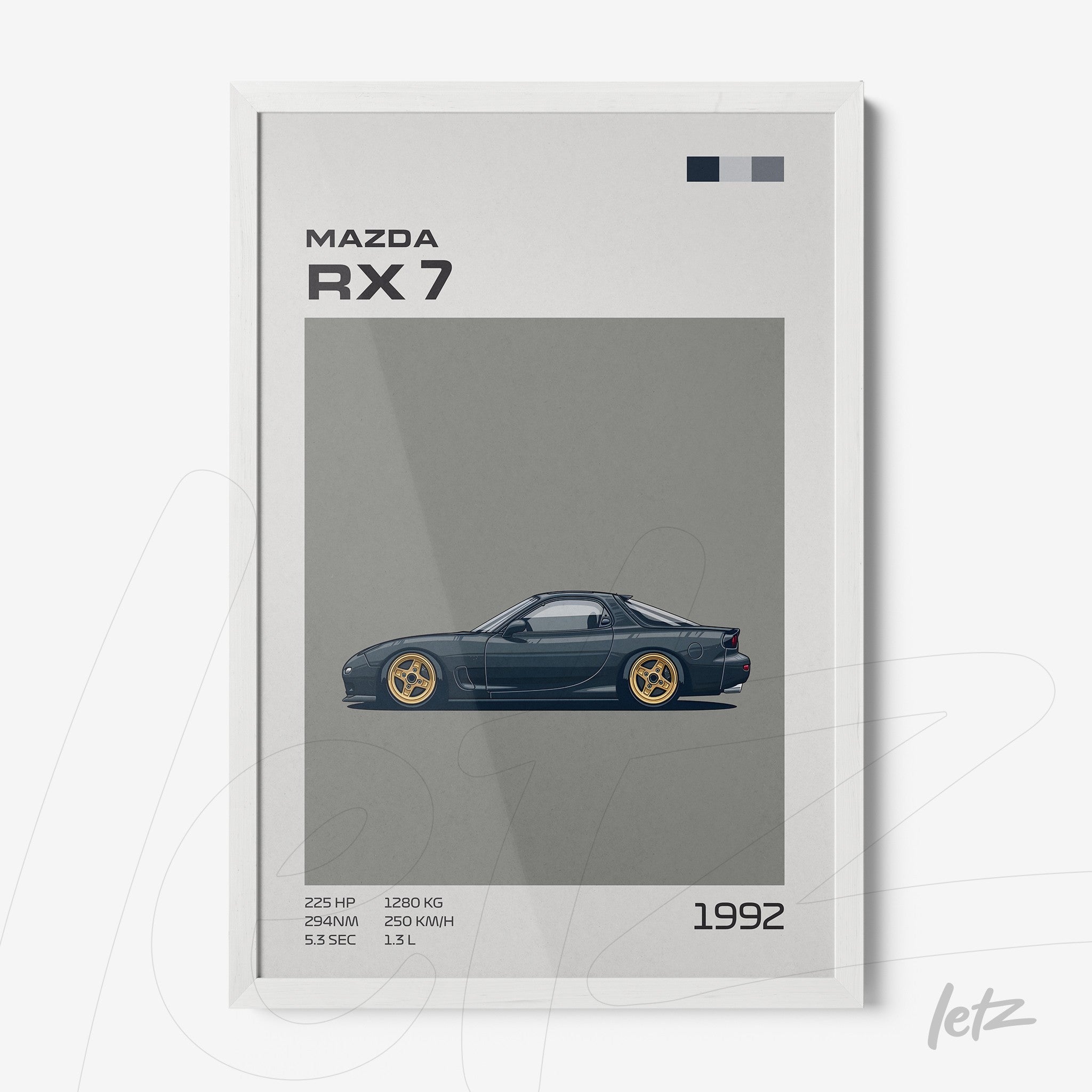 quadro com arte estilizada do carro Mazda RX 7 em moldura branca