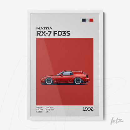 quadro com ilustração de carro esportivo Mazda RX-7 modelo FD3S em fundo vermelho e moldura branca