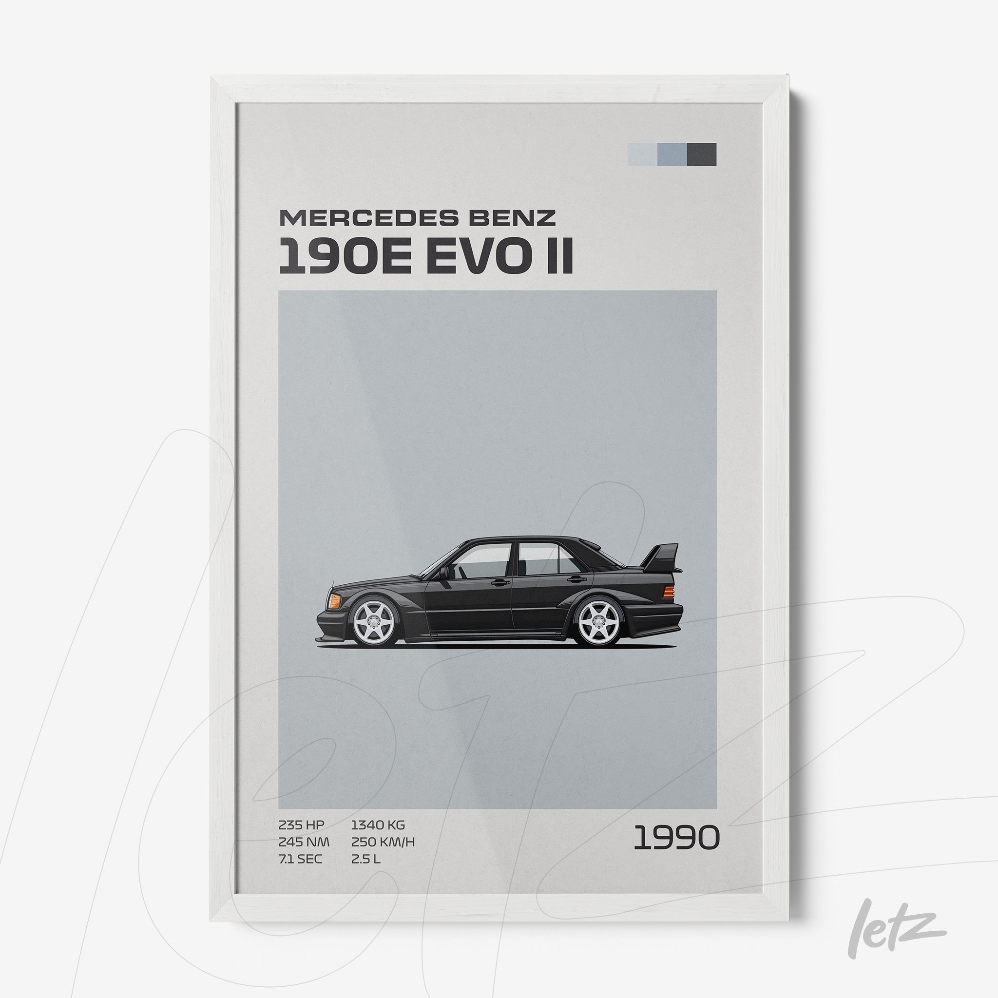 quadro com arte digital do carro Mercedes Benz 190E Evo II em moldura branca