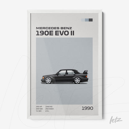 quadro com arte digital do carro Mercedes Benz 190E Evo II em moldura branca