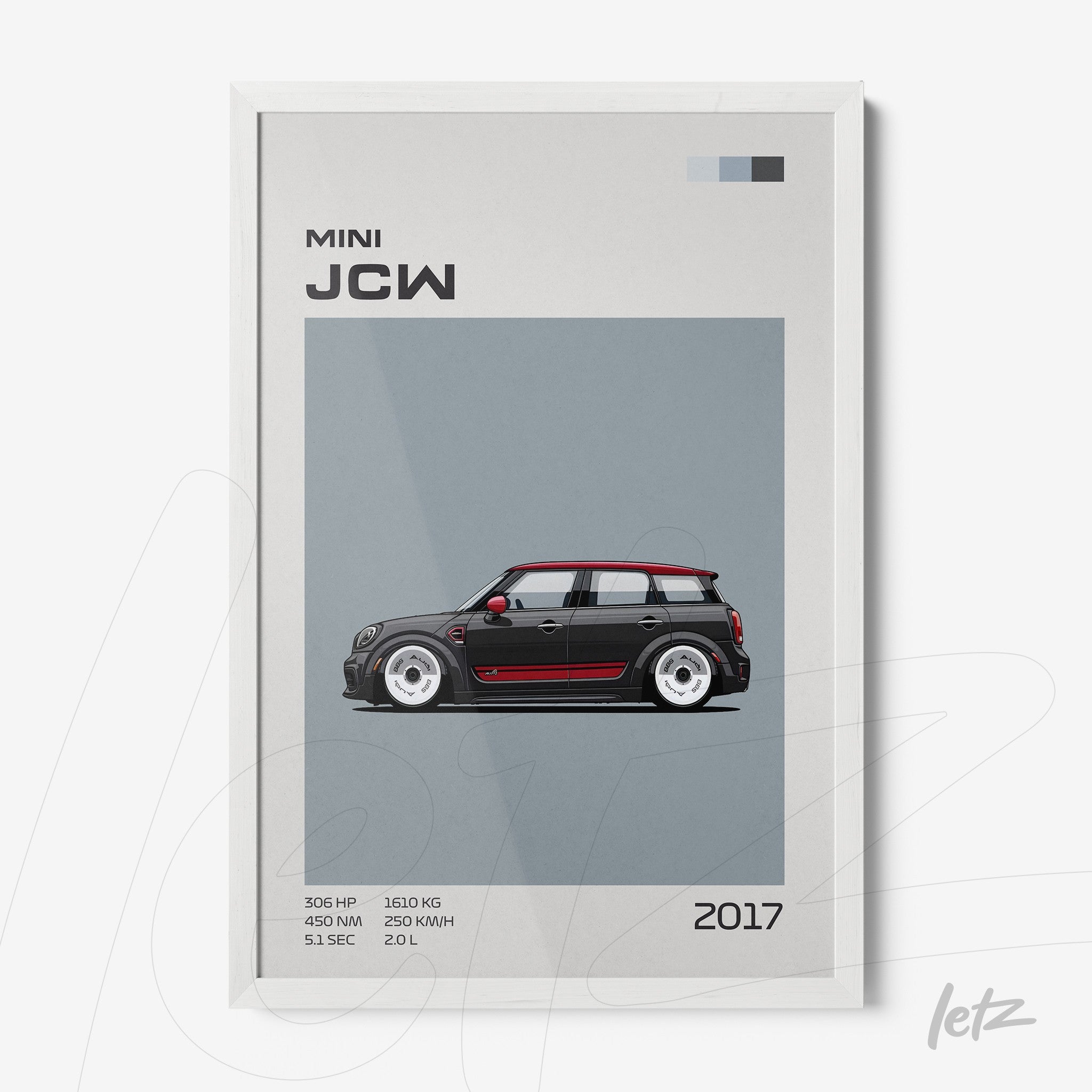 quadro com arte digital de um carro Mini JCW 2017 em moldura branca com fundo cinza
