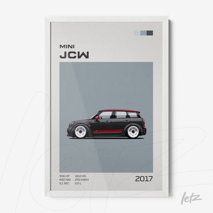 quadro com arte digital de um carro Mini JCW 2017 em moldura branca com fundo cinza