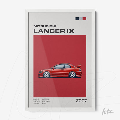 quadro com arte gráfica do carro Mitsubishi Lancer IX em fundo vermelho e moldura branca