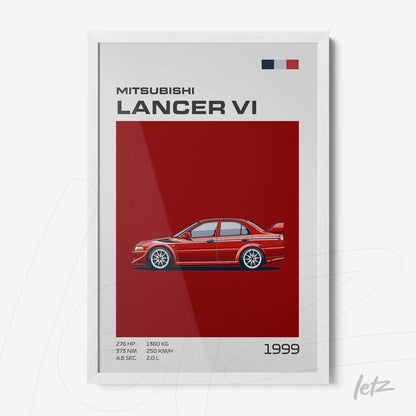 quadro com ilustração do carro Mitsubishi Lancer VI em fundo vermelho e moldura branca