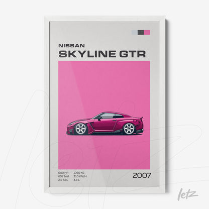 quadro com arte digital do carro Nissan Skyline GTR em fundo rosa e moldura branca