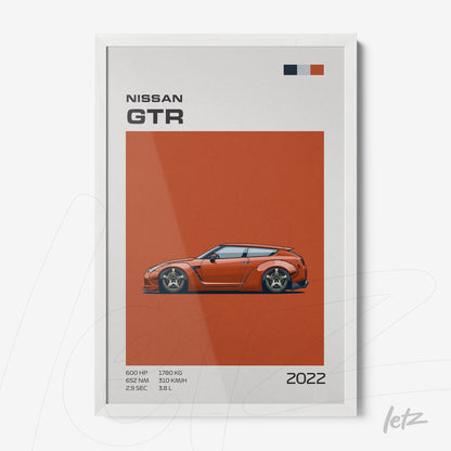 quadro com ilustração de carro esportivo Nissan GTR em moldura branca com fundo laranja