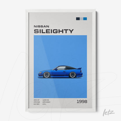 quadro com ilustração digital de um carro Nissan Sil80 em fundo azul vibrante e moldura branca