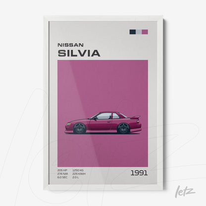 quadro com ilustração estilizada do carro Nissan Silvia de 1991 em fundo rosa