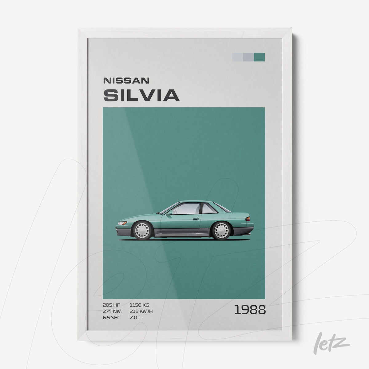 quadro com ilustração estilizada do carro Nissan Silvia em moldura branca