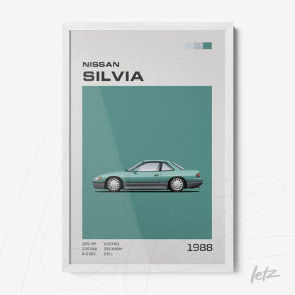 quadro com ilustração estilizada do carro Nissan Silvia em moldura branca