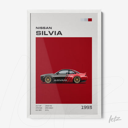 quadro com arte de carro Nissan Silvia em fundo vermelho, apresentando detalhes técnicos e ilustração do veículo em perfil
