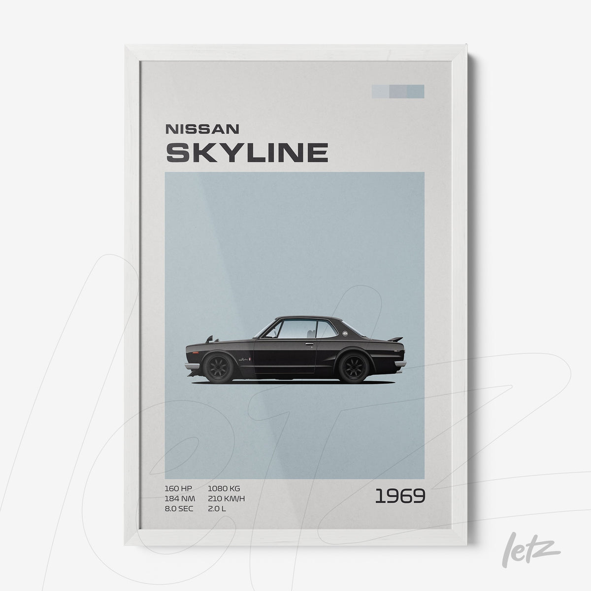 quadro com ilustração do carro Nissan Skyline de 1969 com fundo azul claro e moldura branca