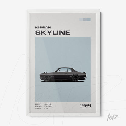 quadro com ilustração do carro Nissan Skyline de 1969 com fundo azul claro e moldura branca