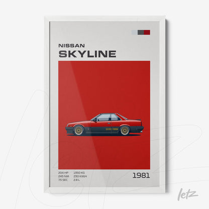 quadro com ilustração do carro Nissan Skyline de 1981 em fundo vermelho e moldura branca