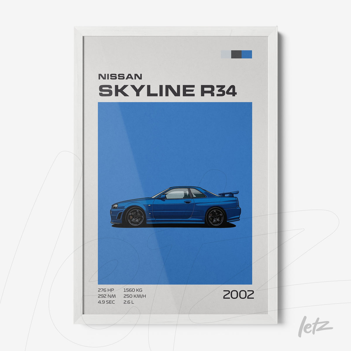 quadro com ilustração do carro Nissan Skyline R34 2002 em fundo azul, com detalhes técnicos e moldura branca