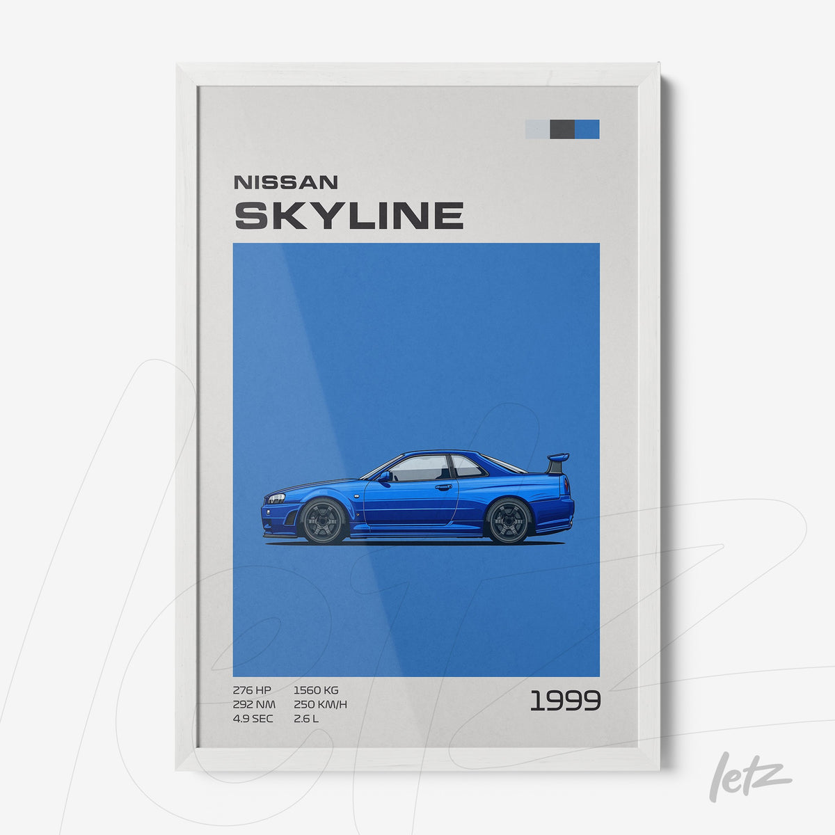 quadro com ilustração do carro Nissan Skyline de 1999 em fundo azul vibrante e moldura branca