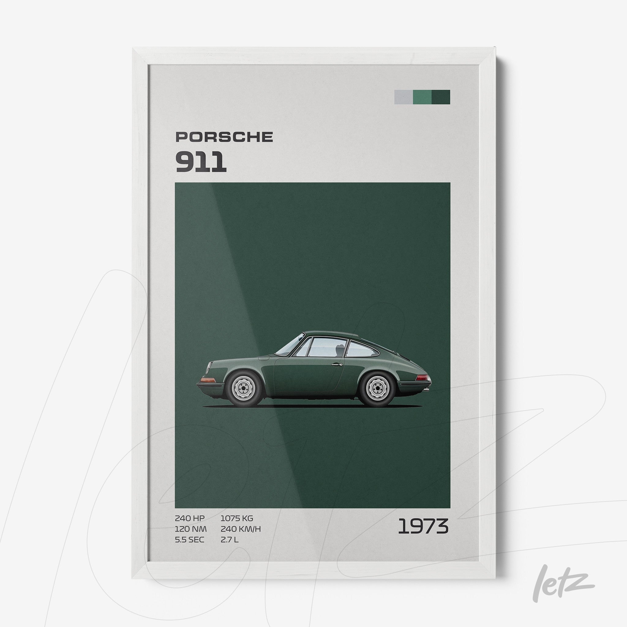 quadro com design minimalista do carro Porsche 911 em fundo verde escuro e moldura branca