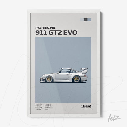 quadro com ilustração do carro esportivo Porsche 911 GT2 EVO de 1993 em moldura branca