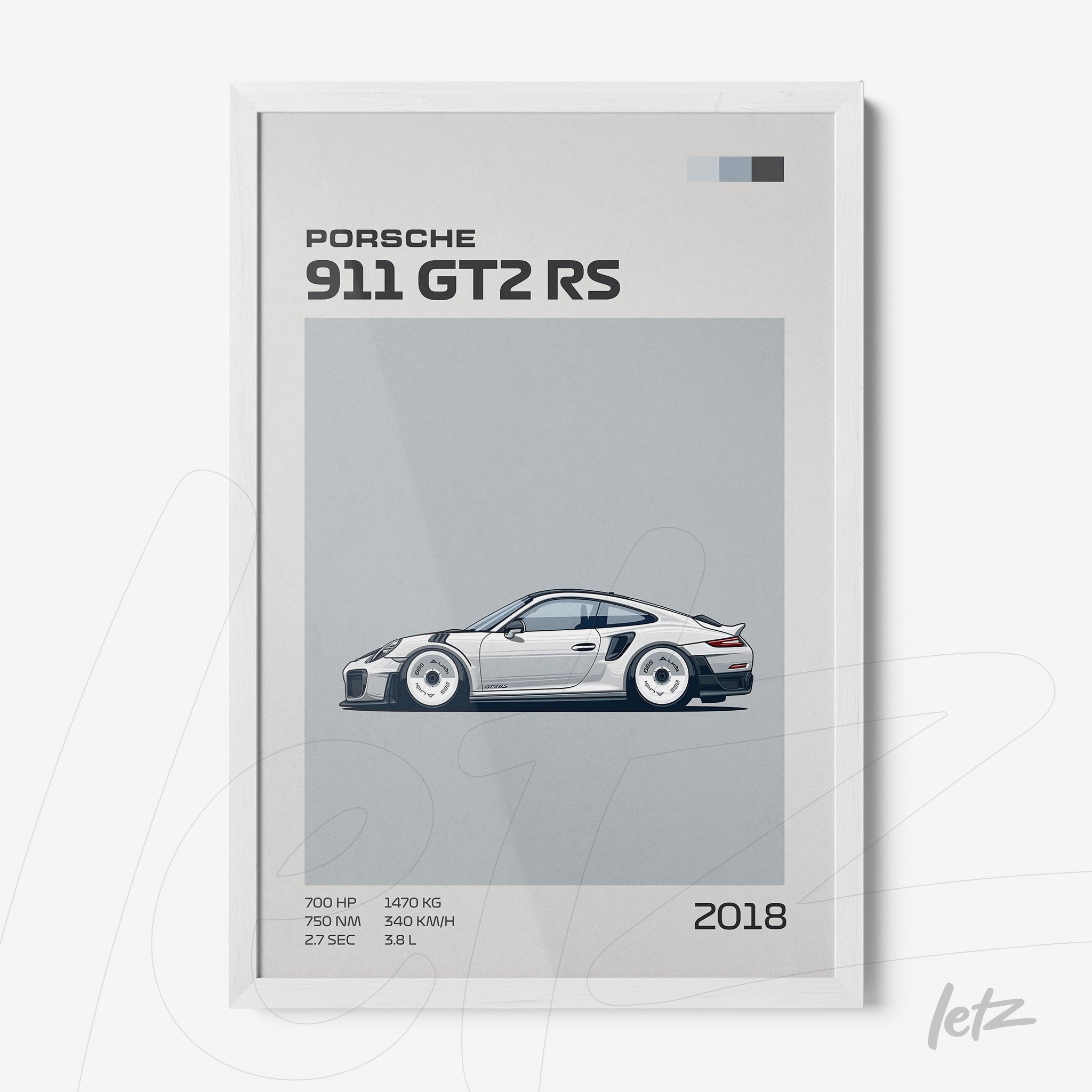 quadro com arte digital do carro esportivo Porsche 911 GT2 RS em moldura branca