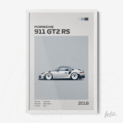 quadro com arte digital do carro esportivo Porsche 911 GT2 RS em moldura branca