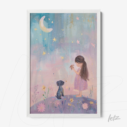 quadro com arte ilustrativa de menina com vestido rosa e cachorro sob céu estrelado, moldura branca