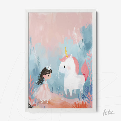 quadro com ilustração infantil de menina com coroa se encontrando com um unicórnio em um fundo suave com cores pastel