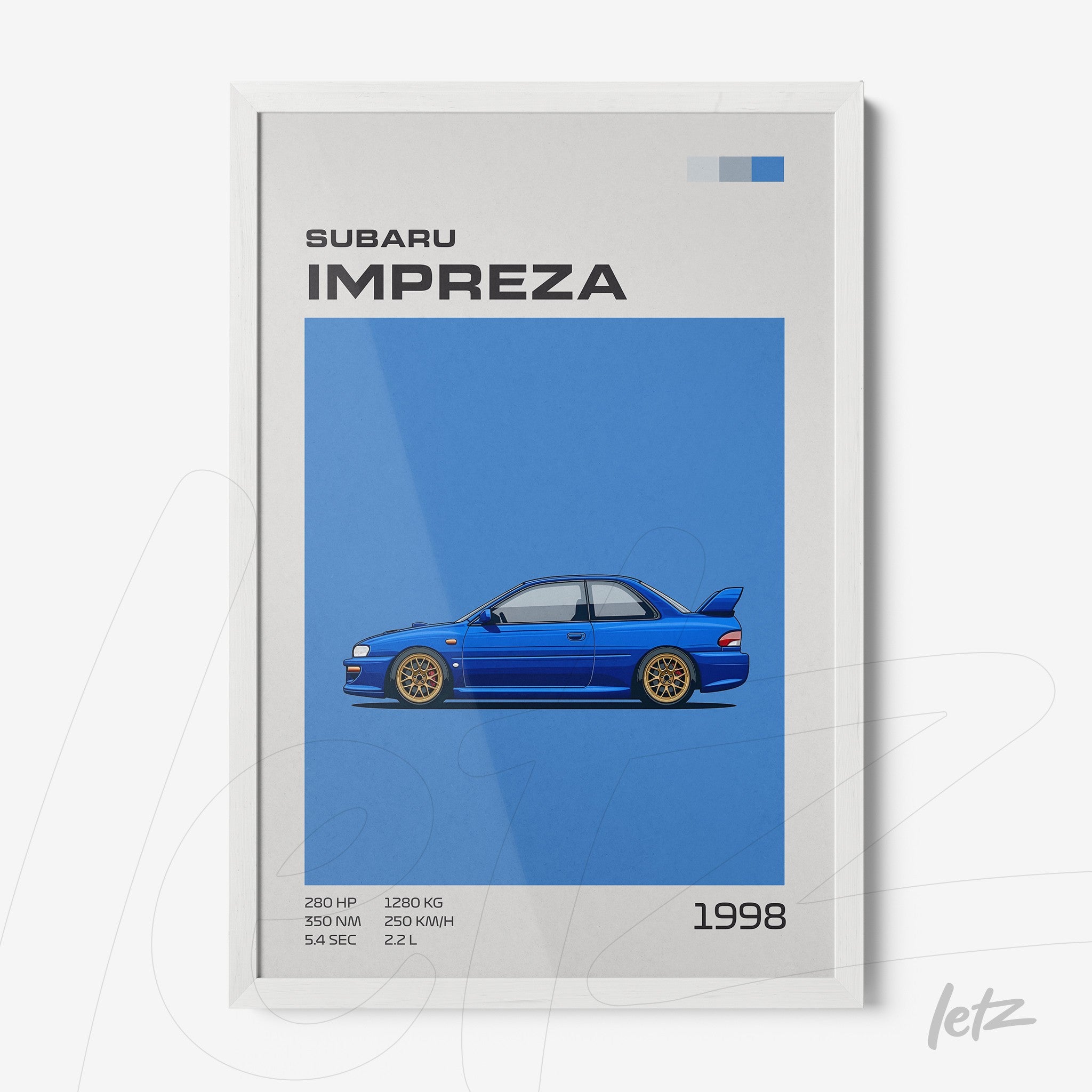 quadro com arte minimalista de um carro Subaru Impreza azul em fundo azul, moldura branca