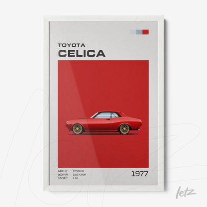 quadro com arte digital de um carro Toyota Celica 1977 em fundo vermelho vibrante e moldura branca