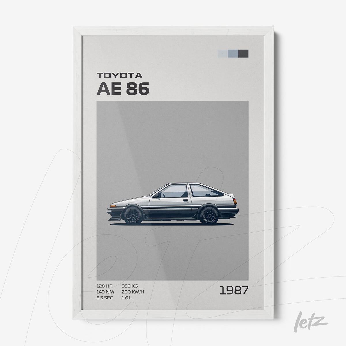 quadro com ilustração minimalista do carro Toyota AE86 em moldura branca