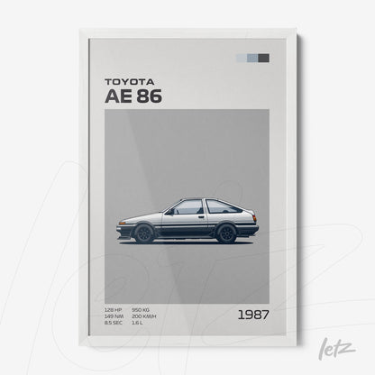 quadro com ilustração minimalista do carro Toyota AE86 em moldura branca