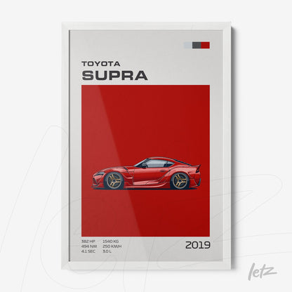 quadro decorativo com arte digital do carro Toyota Supra 2019 em fundo vermelho e moldura branca