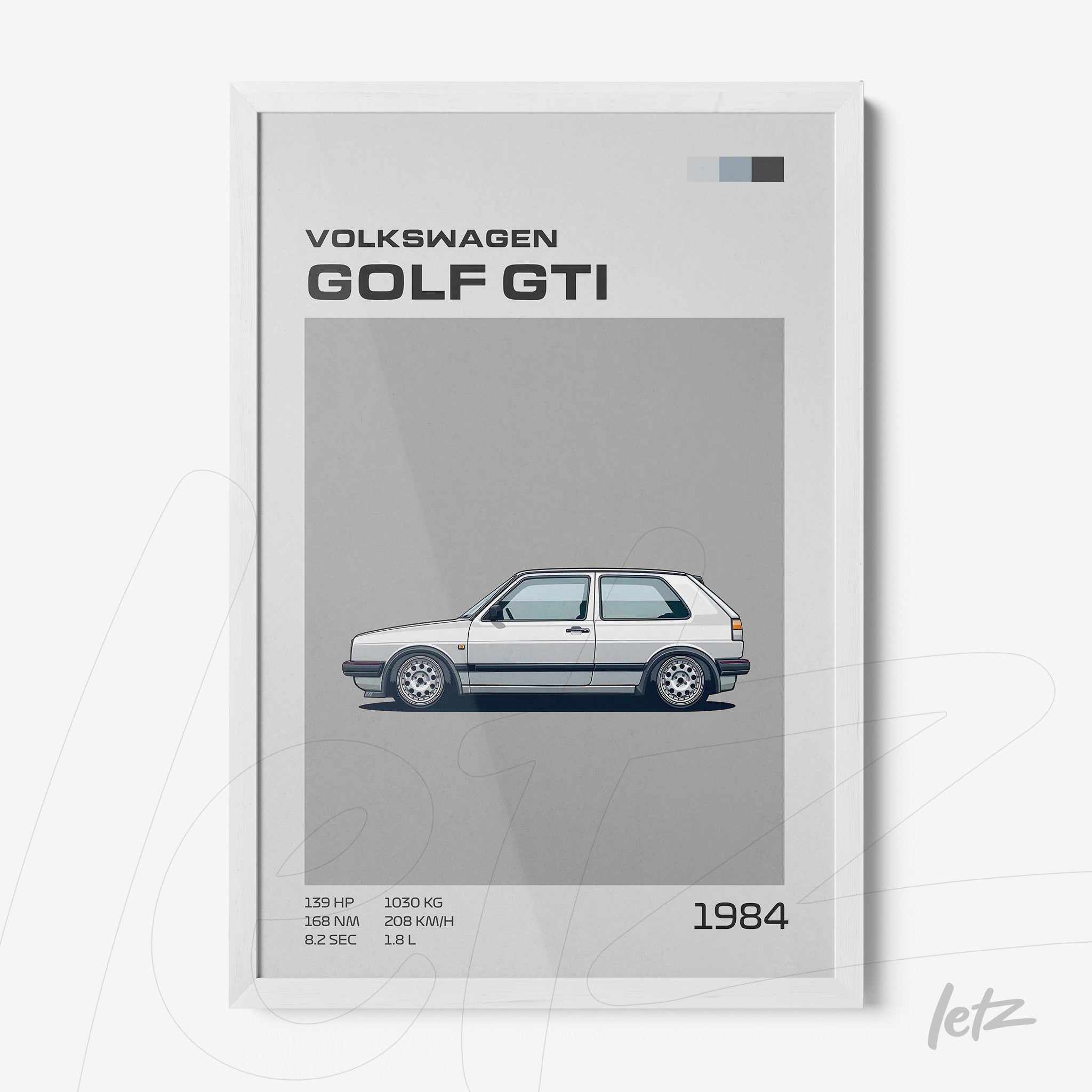 quadro com ilustração minimalista do carro Volkswagen Golf GTI de 1984 em moldura branca