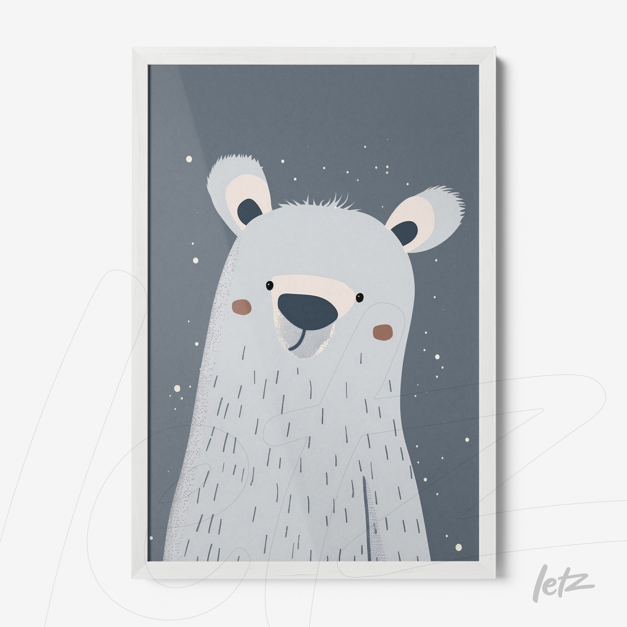 quadro com ilustração de urso polar em estilo infantil com moldura branca