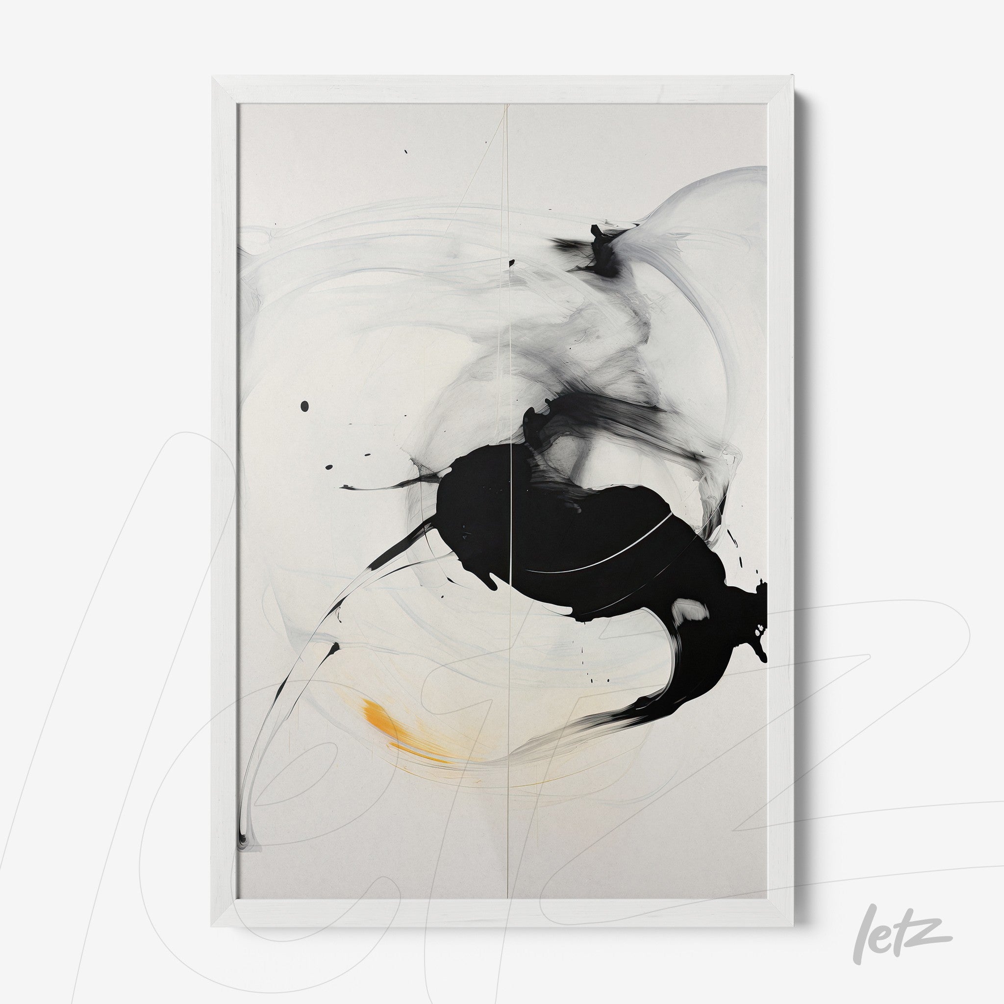 quadro com arte abstrata em preto e branco com toque de amarelo, em moldura branca