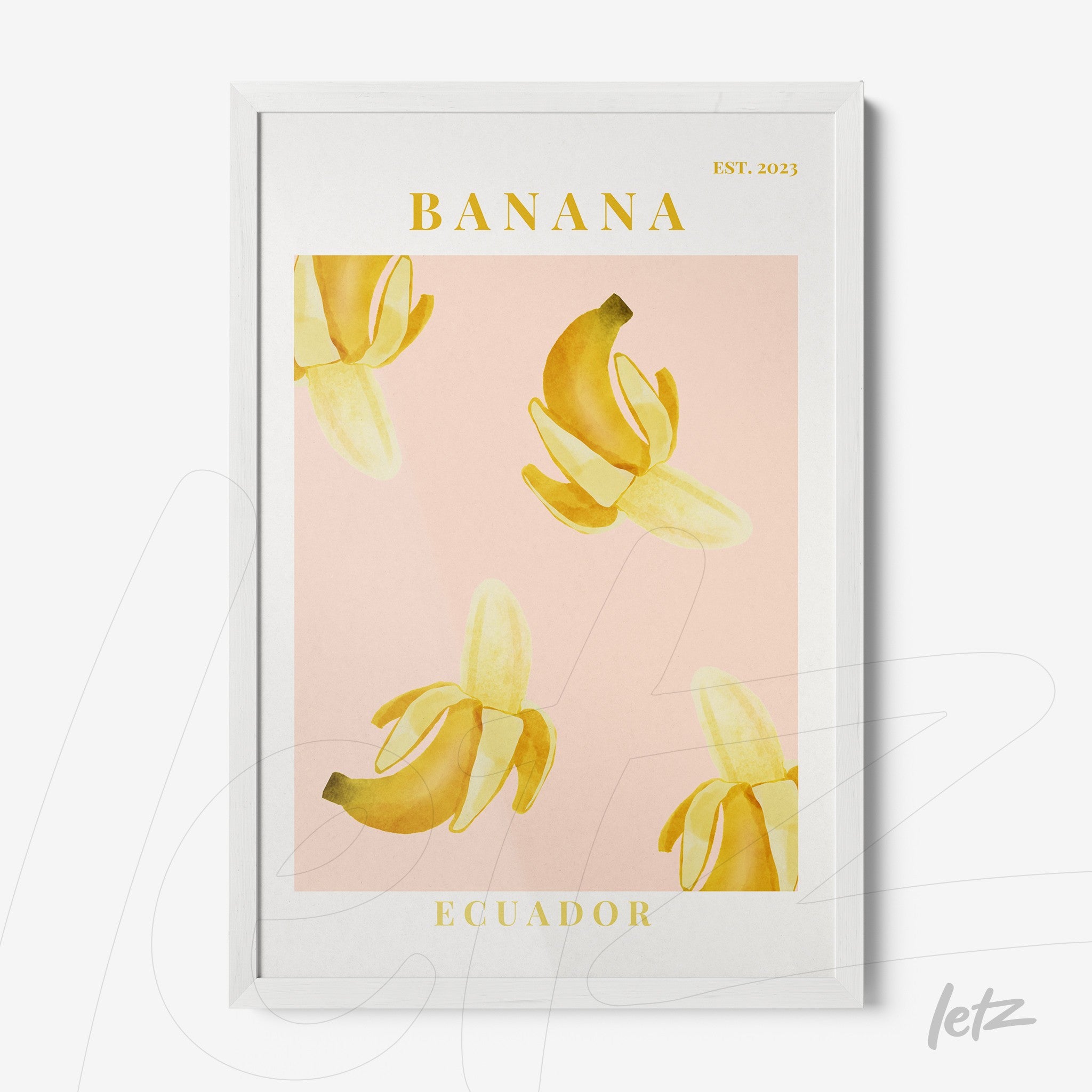 quadro com ilustração de bananas amarelas sobre fundo rosa com moldura branca