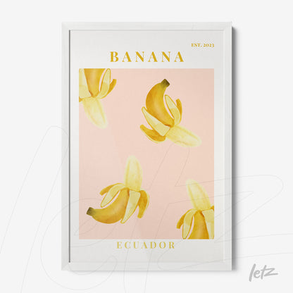 quadro com ilustração de bananas amarelas sobre fundo rosa com moldura branca