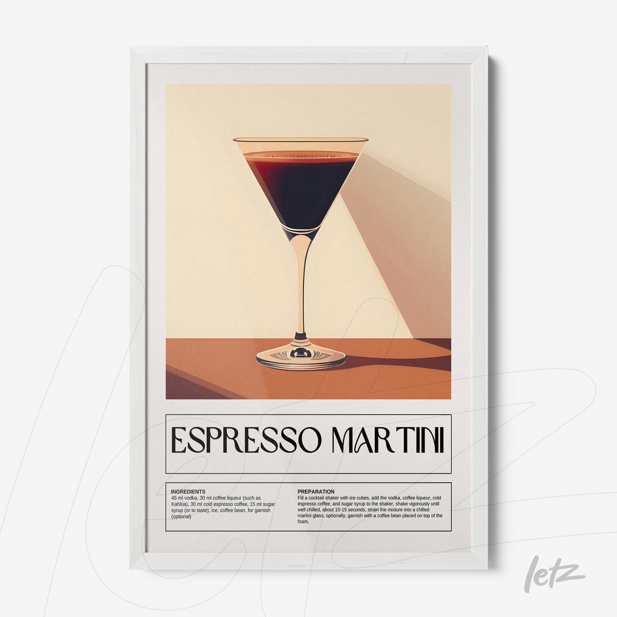 quadro com arte estilizada de drink espresso martini em moldura branca