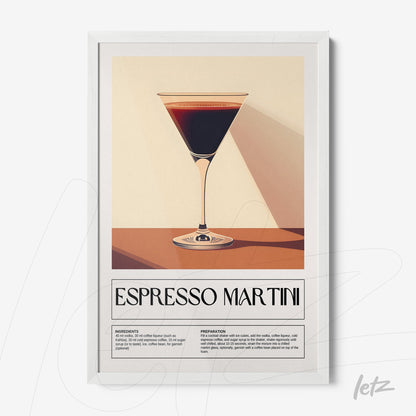 quadro com arte estilizada de drink espresso martini em moldura branca