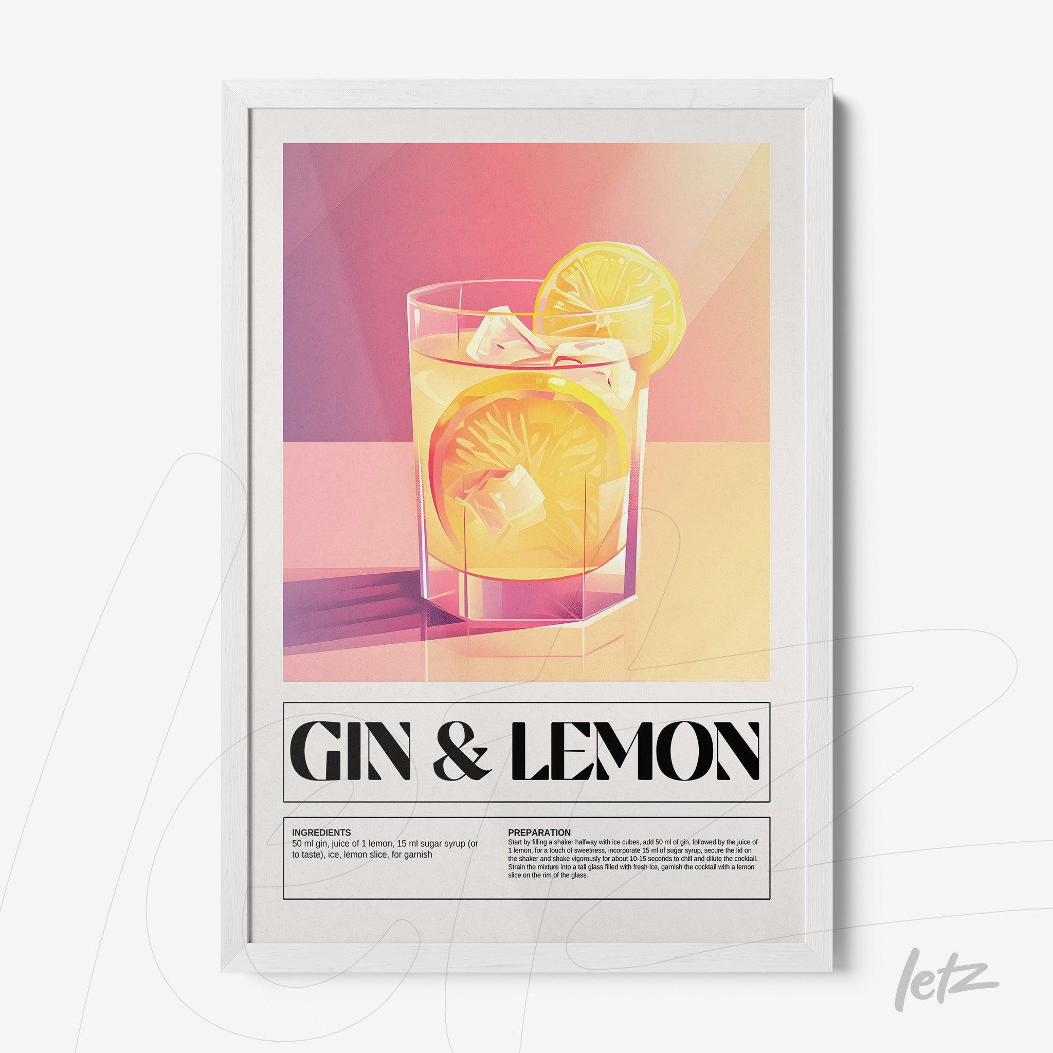 quadro com arte digital de um drink gin com limão em moldura branca