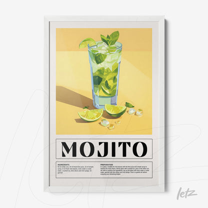 quadro com arte minimalista de drink mojito em moldura branca