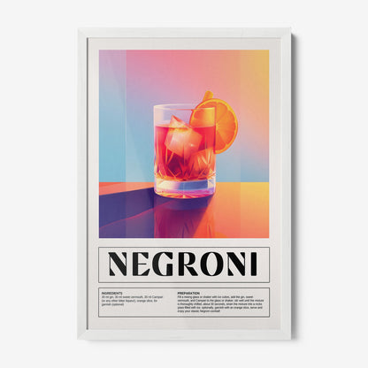 quadro com arte de drink negroni em moldura branca, apresentando um copo com gelo e uma fatia de laranja sobre fundo colorido