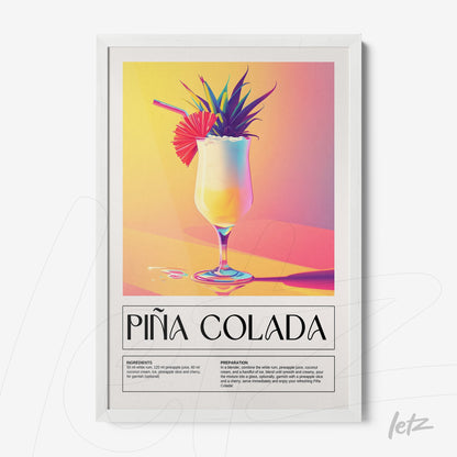 quadro com ilustração vibrante do drink piña colada em moldura branca com fundo pastel