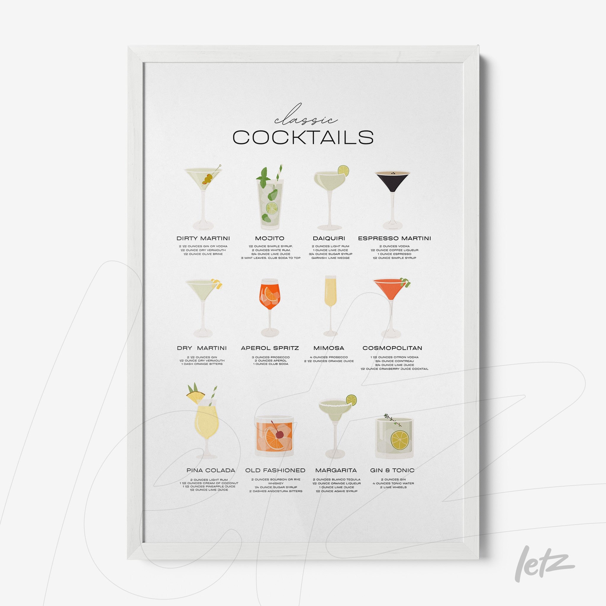 quadro emoldurado com ilustrações de drinks clássicos, incluindo martinis, mojito e cosmopolitan em fundo claro com tipografia elegante