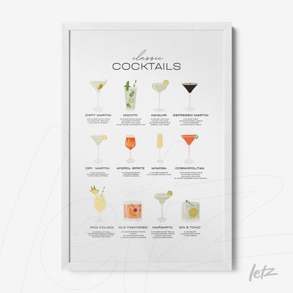 quadro emoldurado com ilustrações de drinks clássicos, incluindo martinis, mojito e cosmopolitan em fundo claro com tipografia elegante