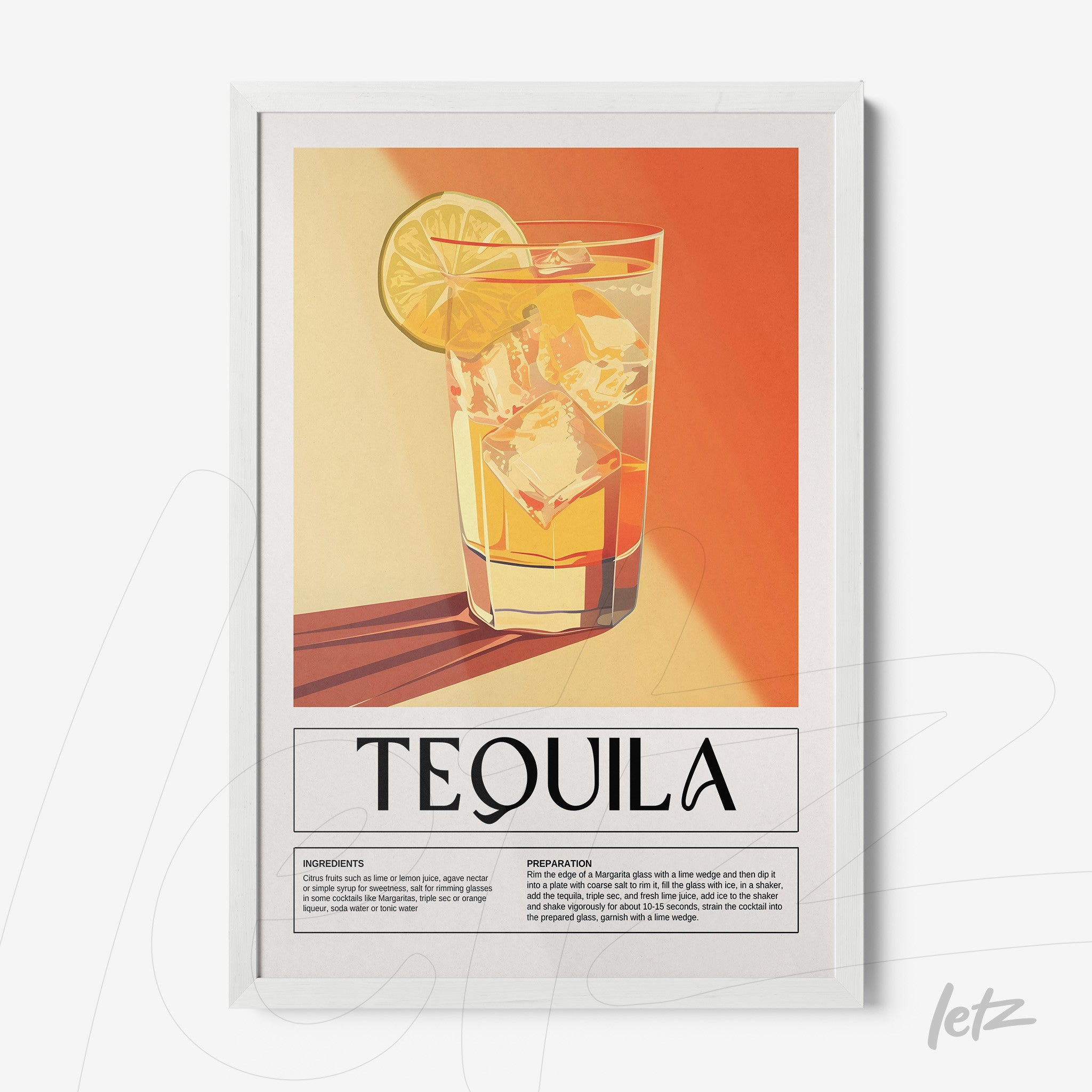 quadro com arte retrô de drink tequila em moldura branca com fundo laranja e detalhes em amarelo
