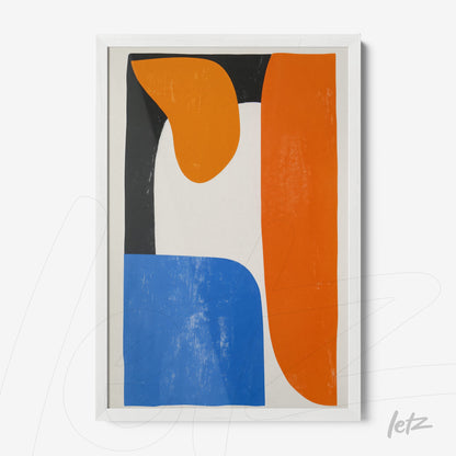 quadro com arte abstrata em formas geométricas nas cores azul, laranja e preto em moldura branca