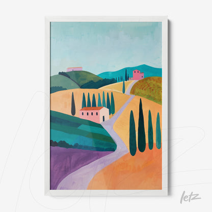 quadro com arte digital de paisagem toscana, retratando colinas, ciprestes e casas em tons vibrantes, moldura branca